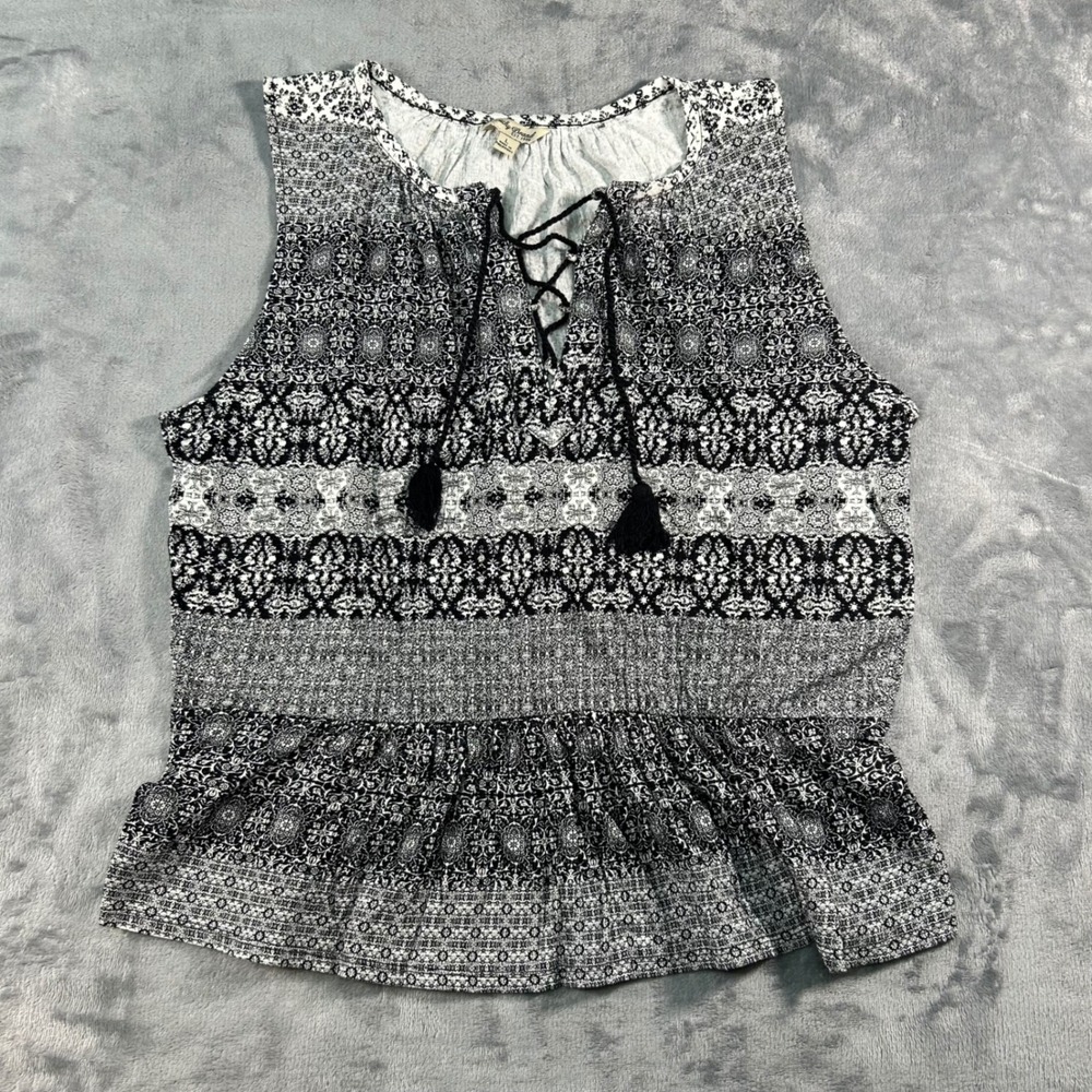 Lucky Brand Black White Tribal Print Peasant Tassel Lace Up Tunic Top‎ L